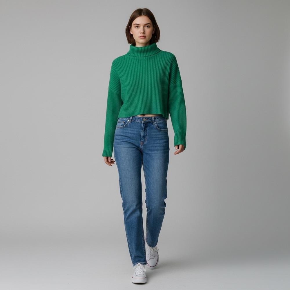 Mimosa Green Ribbed Turtleneck Cropped Sweater Size S‎